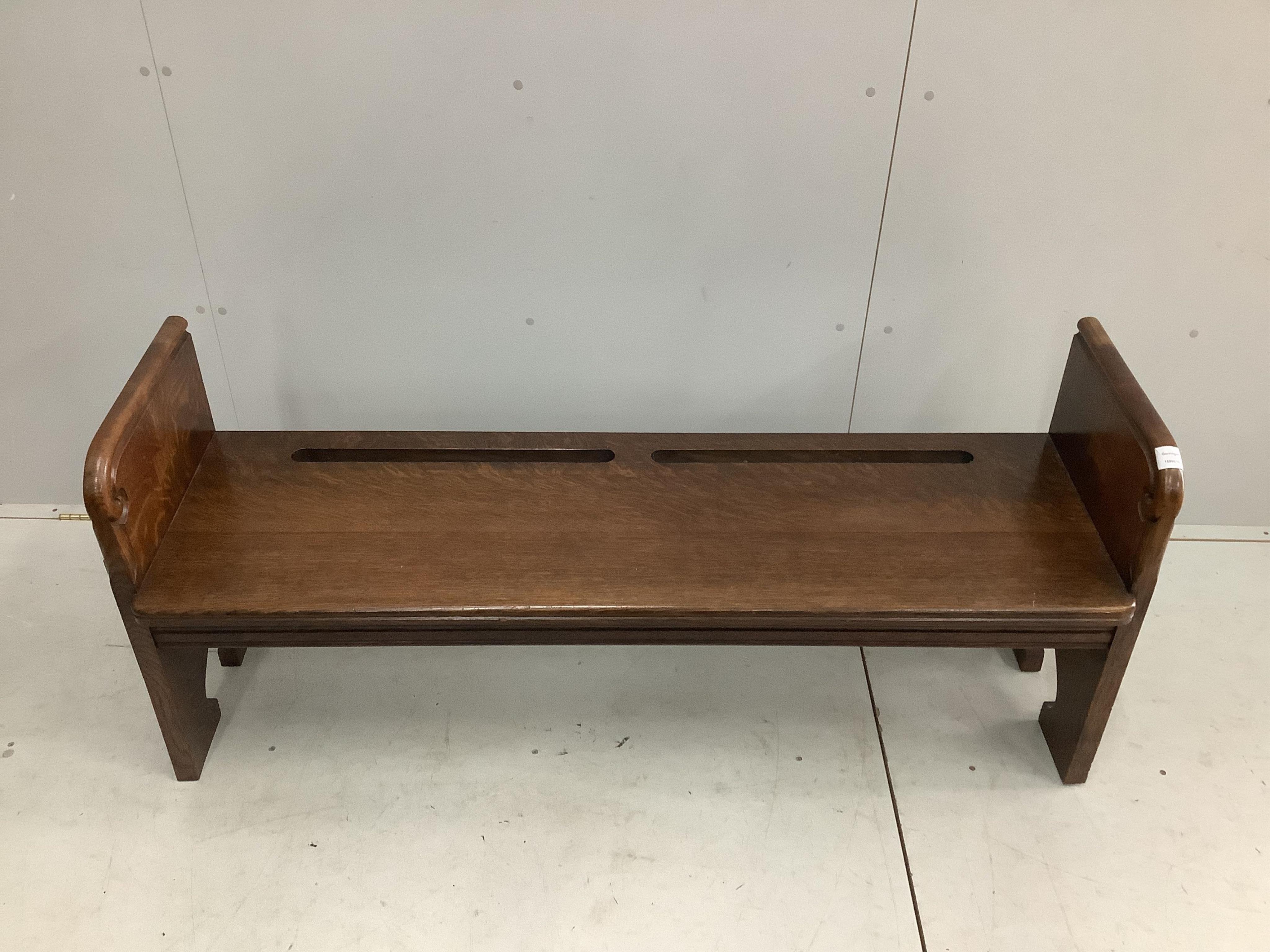 An early 20th century oak bench seat, width 150cm, depth 45cm, height 62cm. Condition - good